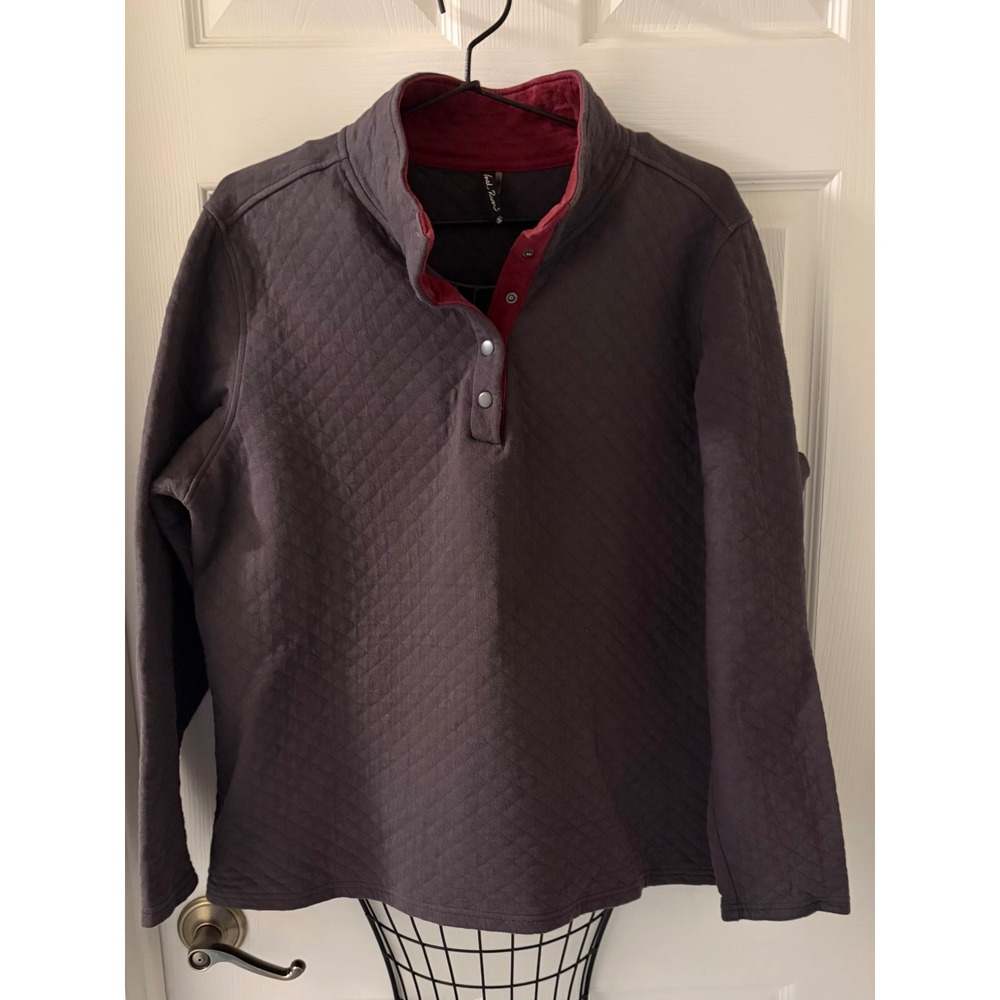 North River Quilted Snap Neck Pullover Sweatshirt Grey Burgundy Womens Sz XL EUC